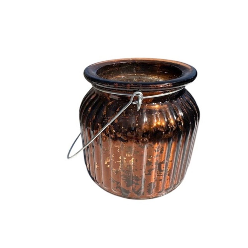 Amber Copper Glass Ribbed Votive Candle Holder Lantern with Wire Handle 4 inch